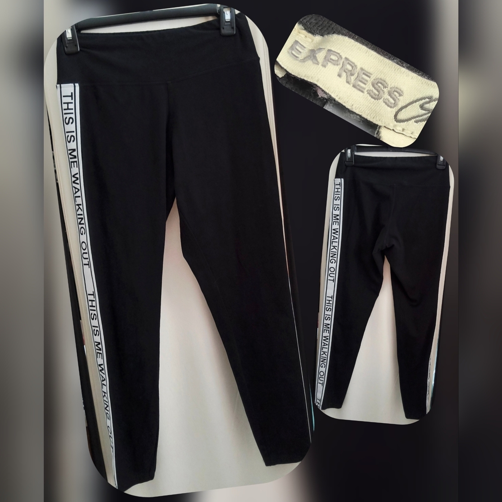 Express Black Leggings with White Text Stripes Size Med - Picture 1 of 3